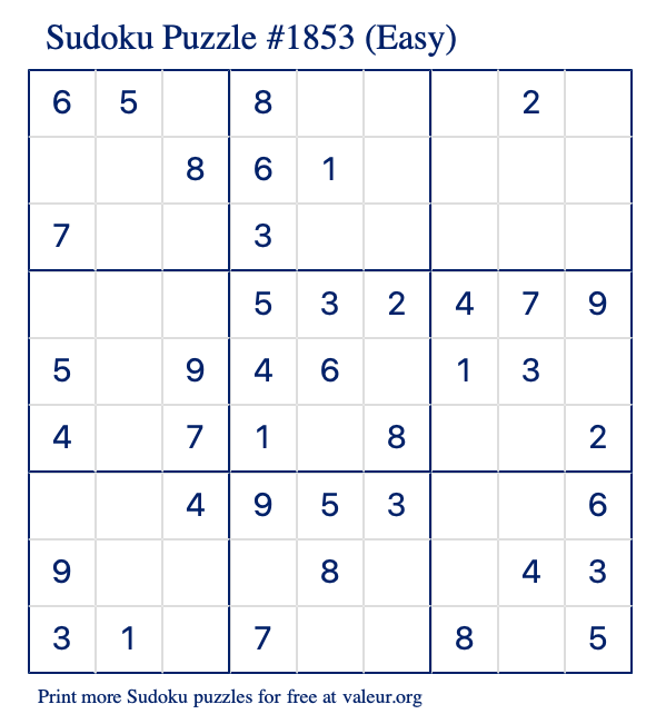 Free Printable Easy Sudoku Puzzle number 1853