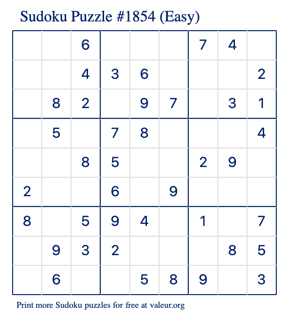 Free Printable Easy Sudoku Puzzle number 1854