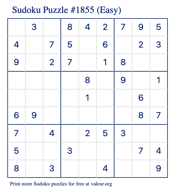 Free Printable Easy Sudoku Puzzle number 1855