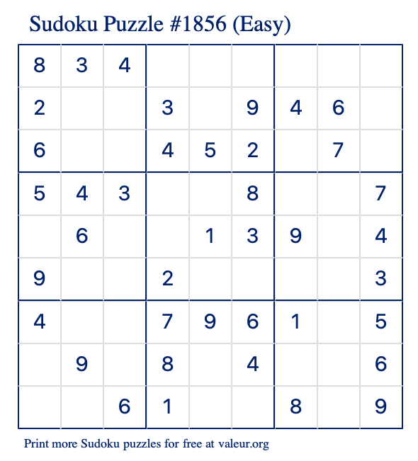 Free Printable Easy Sudoku Puzzle number 1856