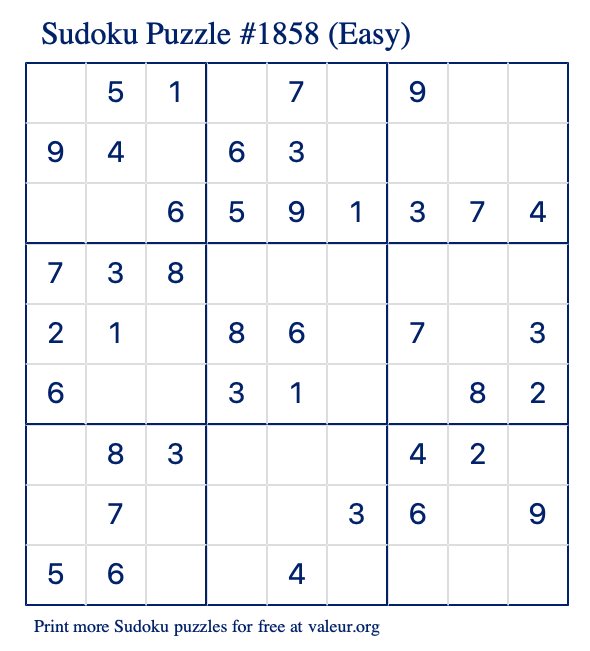 Free Printable Easy Sudoku Puzzle number 1858