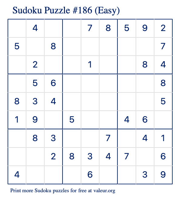 Free Printable Easy Sudoku Puzzle number 186