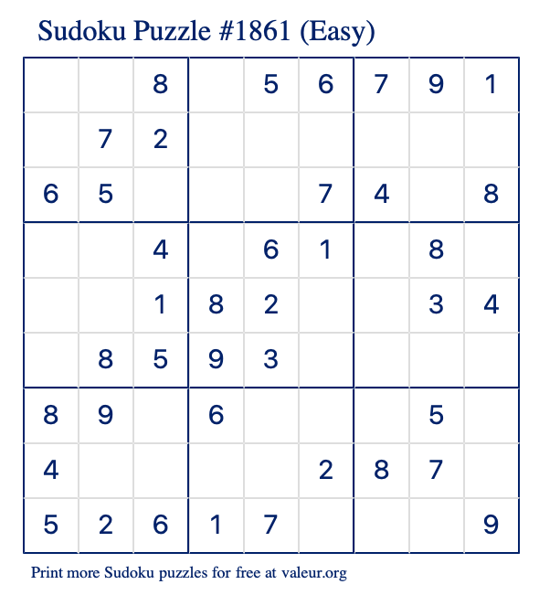 Free Printable Easy Sudoku Puzzle number 1861