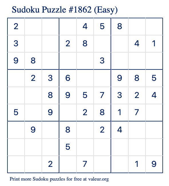 Free Printable Easy Sudoku Puzzle number 1862