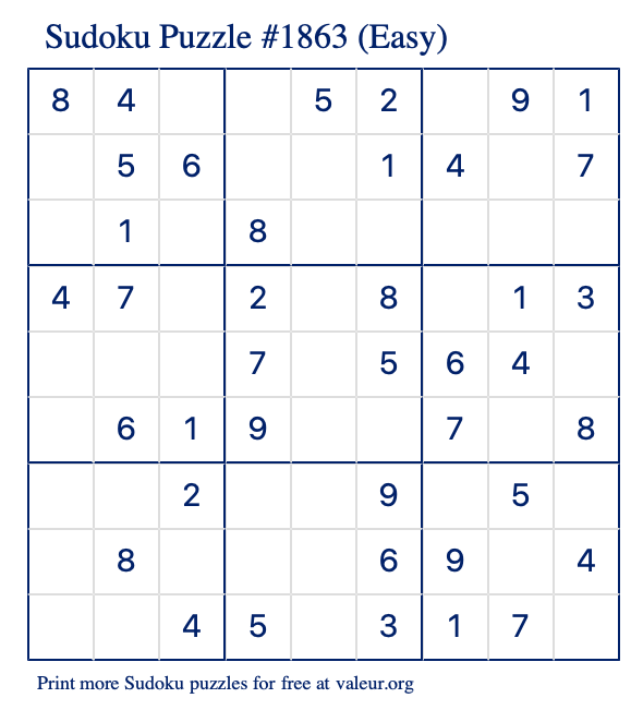 Free Printable Easy Sudoku Puzzle number 1863