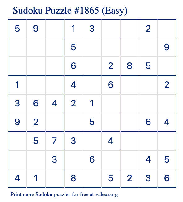 Free Printable Easy Sudoku Puzzle number 1865