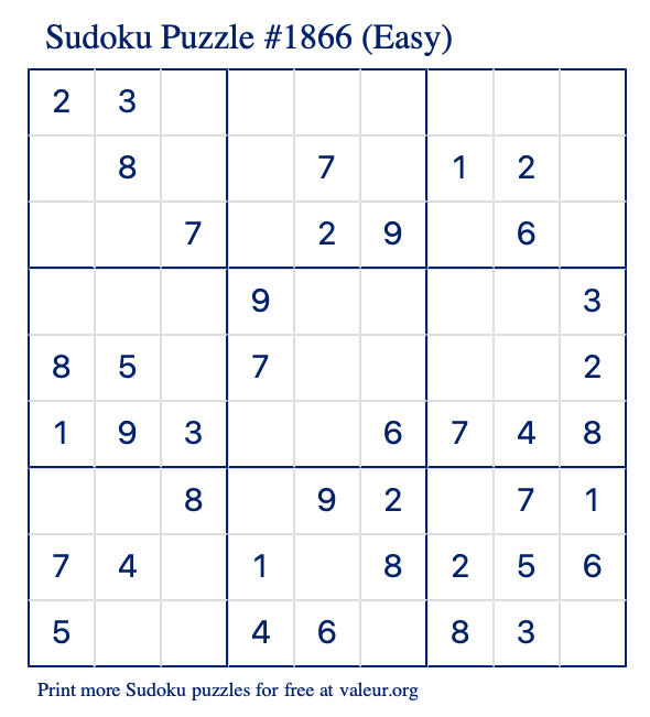 Free Printable Easy Sudoku Puzzle number 1866