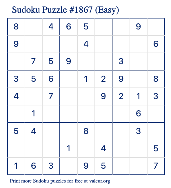 Free Printable Easy Sudoku Puzzle number 1867