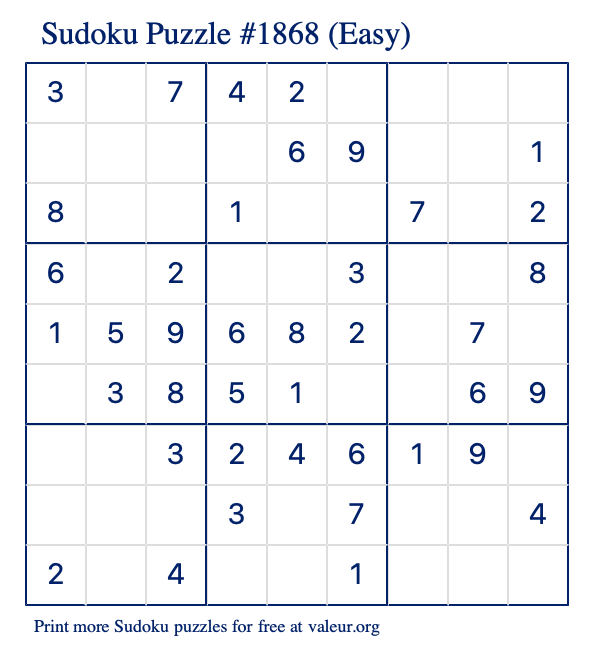 Free Printable Easy Sudoku Puzzle number 1868