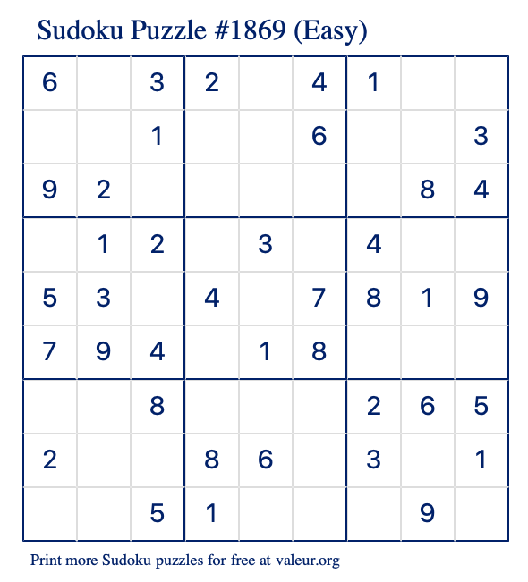 Free Printable Easy Sudoku Puzzle number 1869