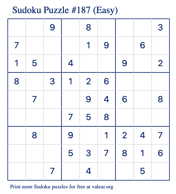 Free Printable Easy Sudoku Puzzle number 187