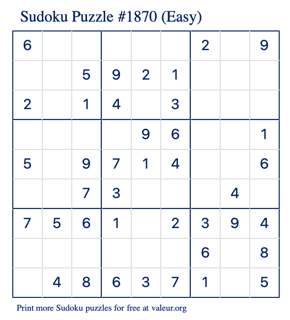 Free Printable Easy Sudoku Puzzle number 1870