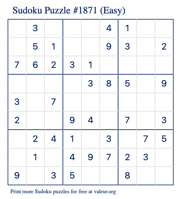 Free Printable Easy Sudoku Puzzle number 1871