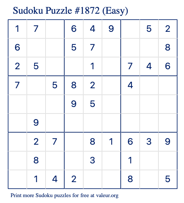 Free Printable Easy Sudoku Puzzle number 1872