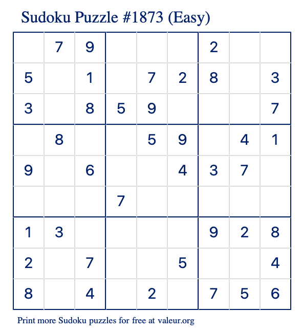 Free Printable Easy Sudoku Puzzle number 1873