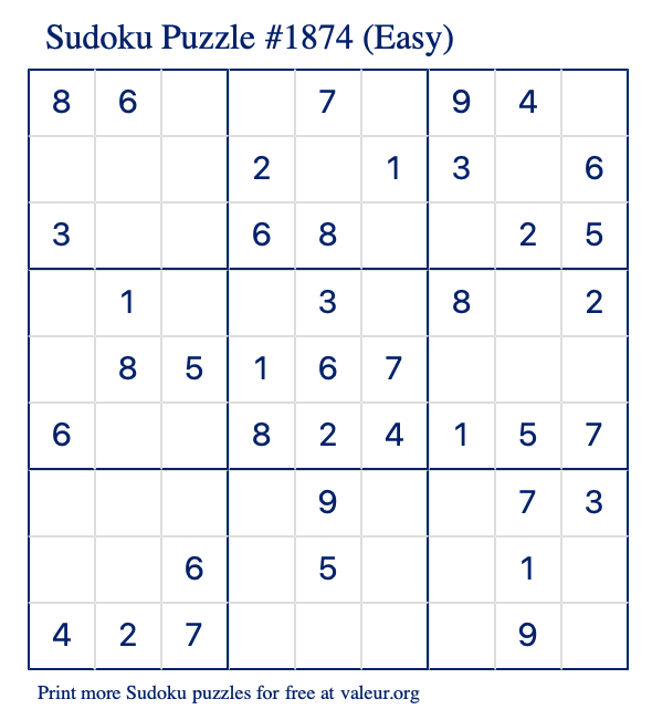 Free Printable Easy Sudoku Puzzle number 1874
