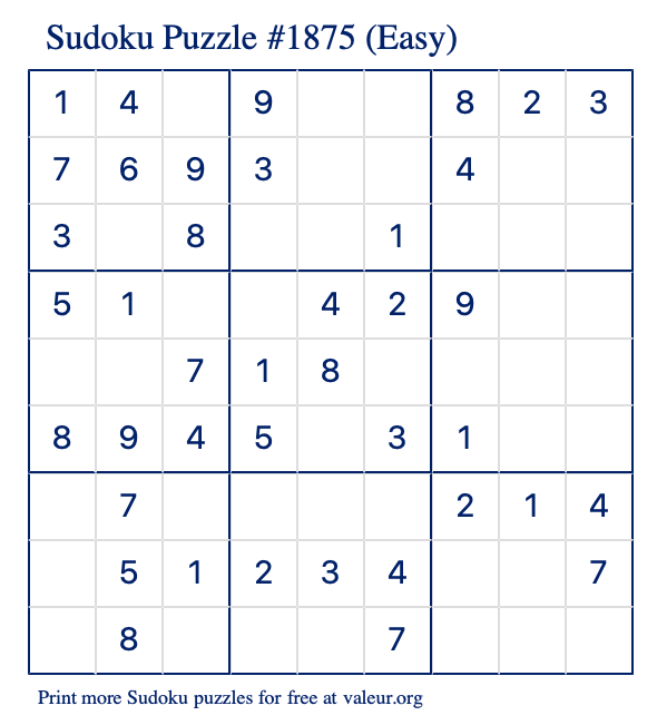 Free Printable Easy Sudoku Puzzle number 1875
