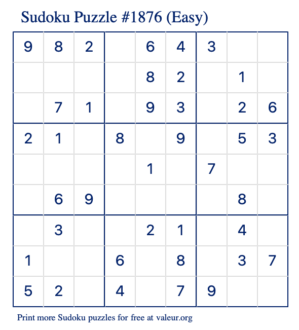 Free Printable Easy Sudoku Puzzle number 1876