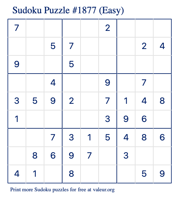 Free Printable Easy Sudoku Puzzle number 1877