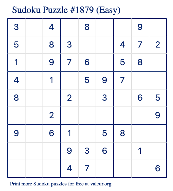Free Printable Easy Sudoku Puzzle number 1879