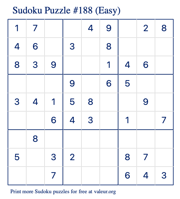 Free Printable Easy Sudoku Puzzle number 188