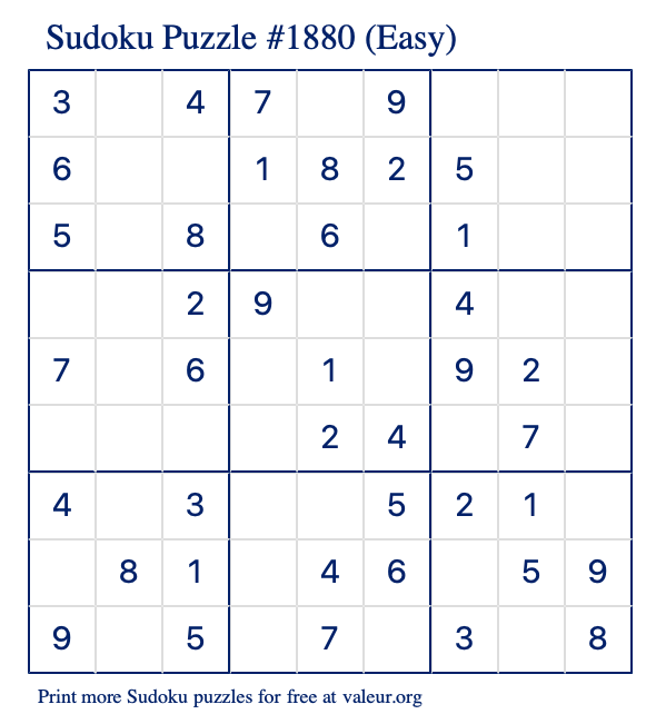 Free Printable Easy Sudoku Puzzle number 1880