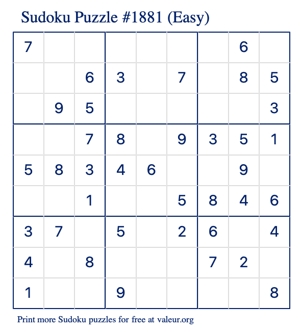 Free Printable Easy Sudoku Puzzle number 1881