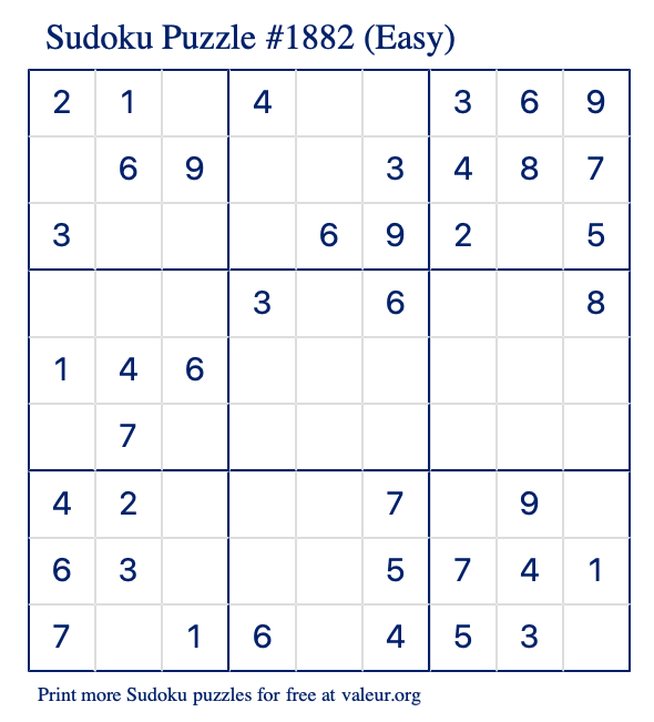 Free Printable Easy Sudoku Puzzle number 1882