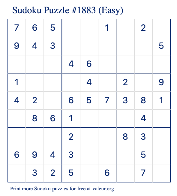 Free Printable Easy Sudoku Puzzle number 1883