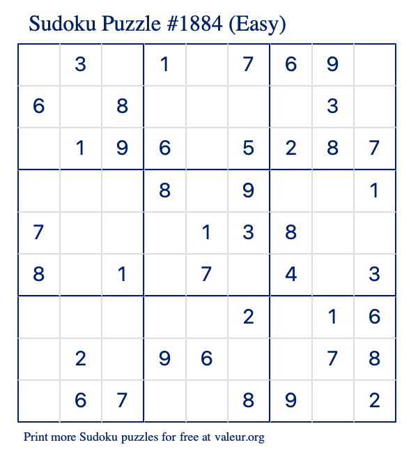 Free Printable Easy Sudoku Puzzle number 1884