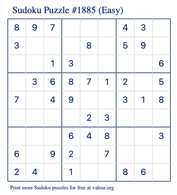 Free Printable Easy Sudoku Puzzle number 1885