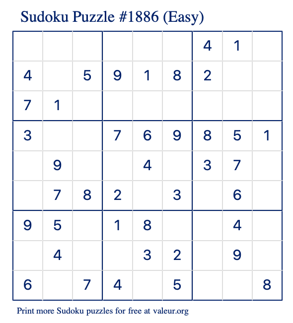 Free Printable Easy Sudoku Puzzle number 1886