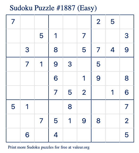 Free Printable Easy Sudoku Puzzle number 1887