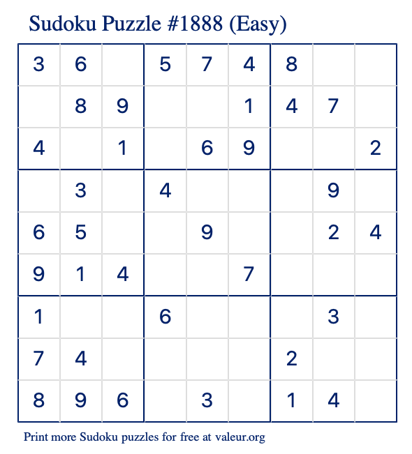 Free Printable Easy Sudoku Puzzle number 1888
