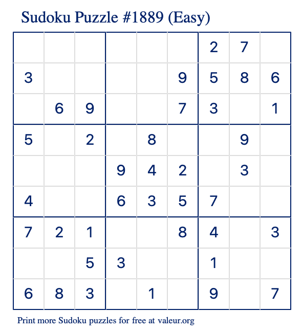 Free Printable Easy Sudoku Puzzle number 1889