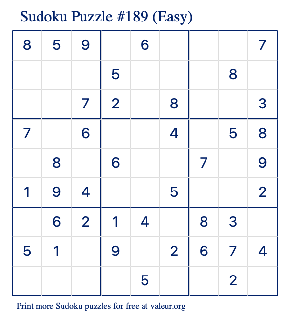 Free Printable Easy Sudoku Puzzle number 189