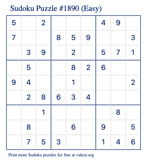Free Printable Easy Sudoku Puzzle number 1890