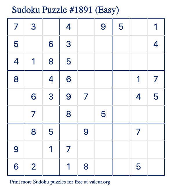 Free Printable Easy Sudoku Puzzle number 1891
