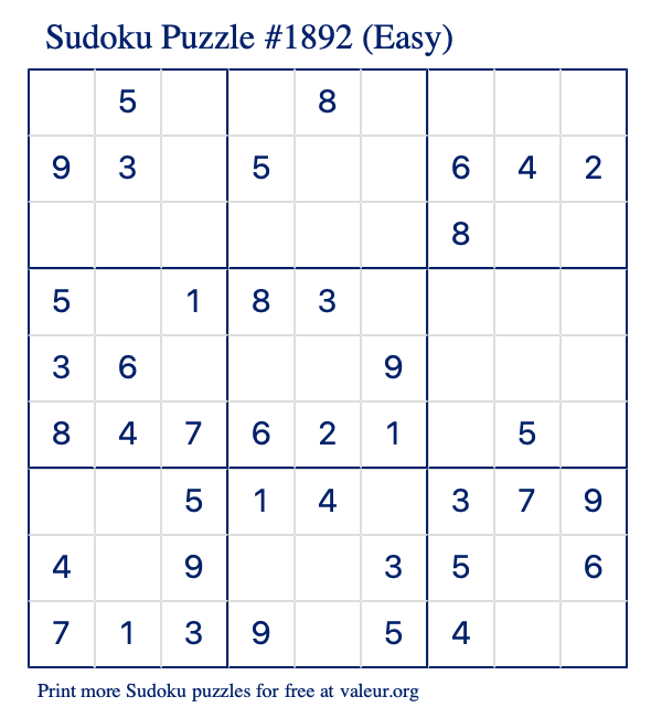 Free Printable Easy Sudoku Puzzle number 1892