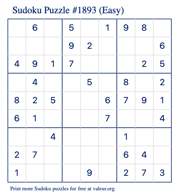 Free Printable Easy Sudoku Puzzle number 1893