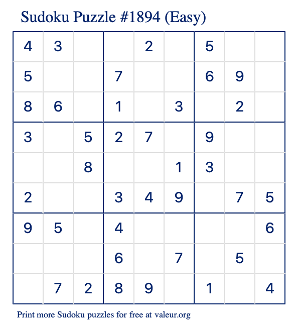 Free Printable Easy Sudoku Puzzle number 1894