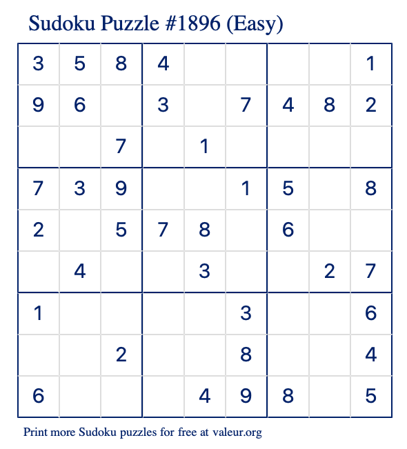 Free Printable Easy Sudoku Puzzle number 1896