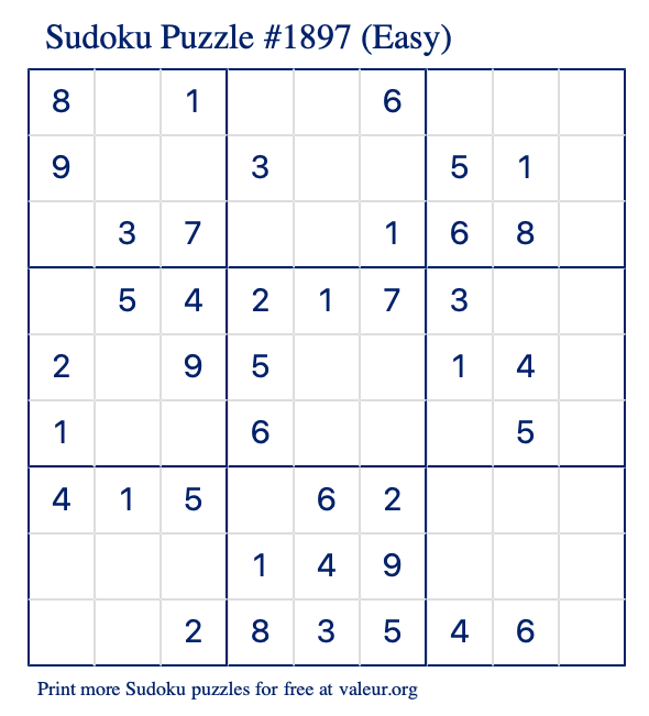 Free Printable Easy Sudoku Puzzle number 1897