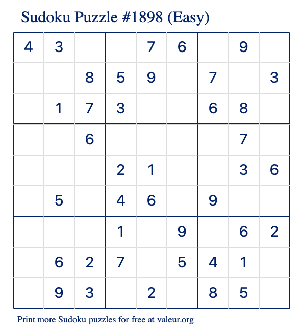 Free Printable Easy Sudoku Puzzle number 1898