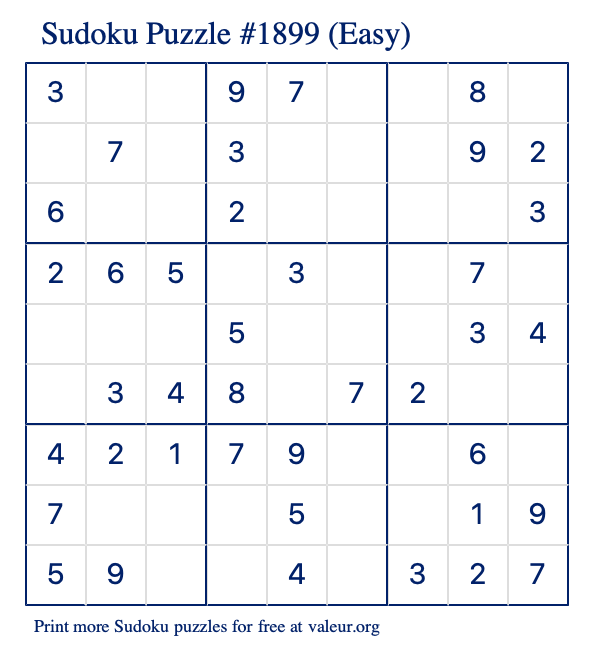 Free Printable Easy Sudoku Puzzle number 1899