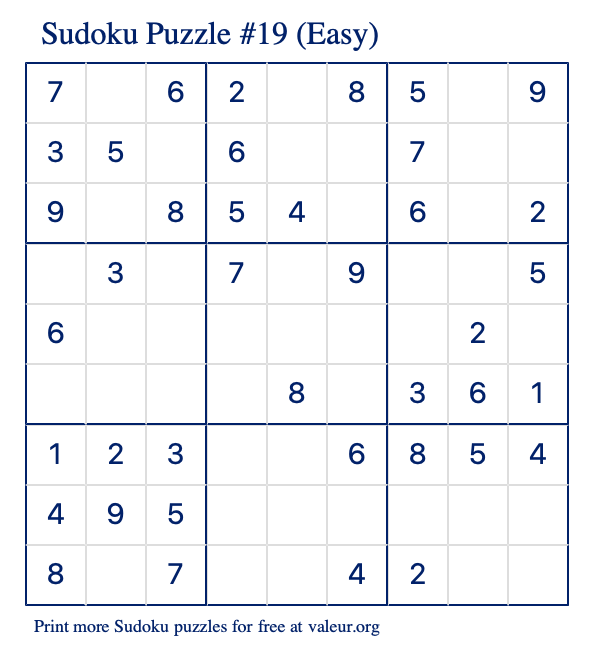 Free Printable Easy Sudoku Puzzle number 19