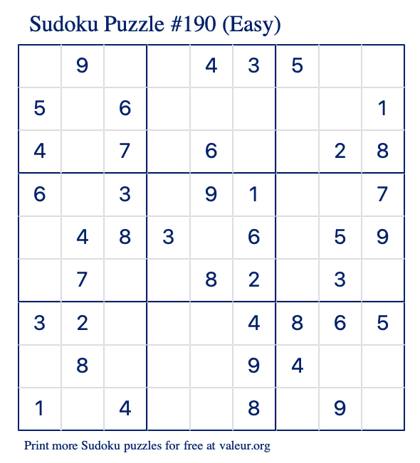 Free Printable Easy Sudoku Puzzle number 190