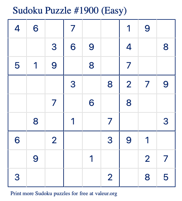 Free Printable Easy Sudoku Puzzle number 1900