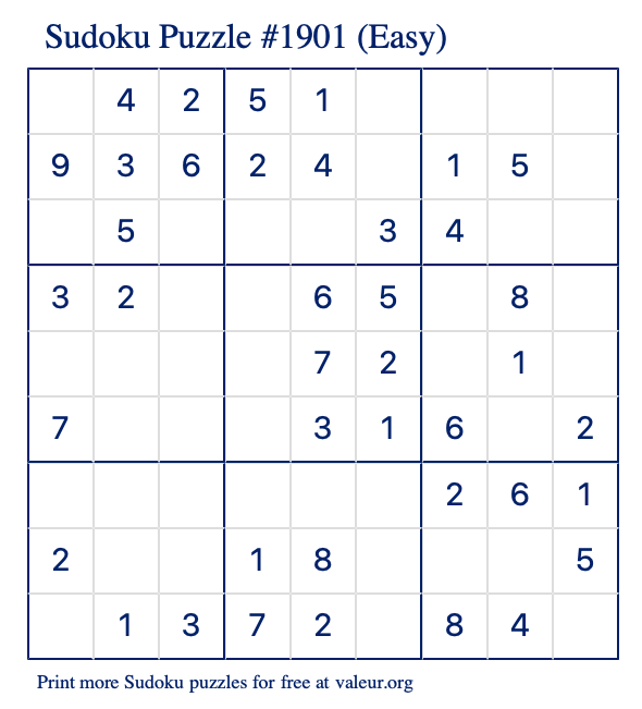 Free Printable Easy Sudoku Puzzle number 1901