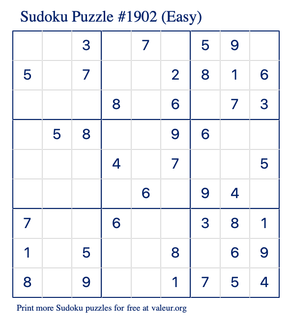 Free Printable Easy Sudoku Puzzle number 1902